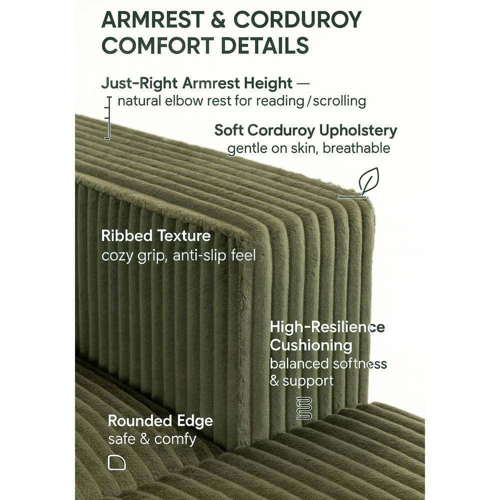 ARMREST & CORDUROY COMFORT DETAILS

- Just-Right Armrest Height — natural elbow rest for reading/scrolling
- Soft Corduroy Upholstery — gentle on skin, breathable
- Ribbed Texture — cozy grip, anti-slip feel
- High-Resilience Cushioning — balanced softness & support
- Rounded Edge — safe & comfy