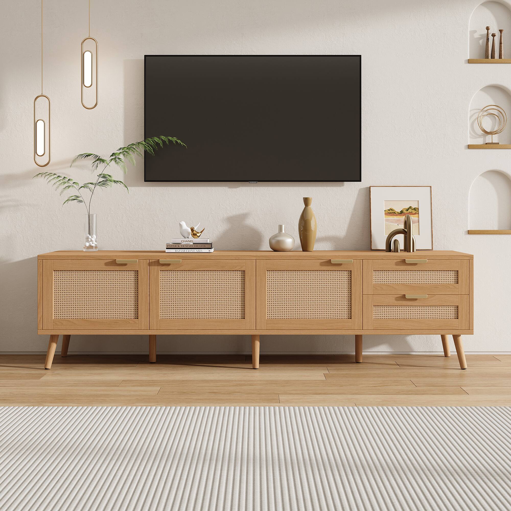 Angle. Z-Edge - TV Stand for TVs up to 80'', Entertainment Center With 3 Rattan Doors & 2 Drawers, Boho Media Console for Living Room - Natural.