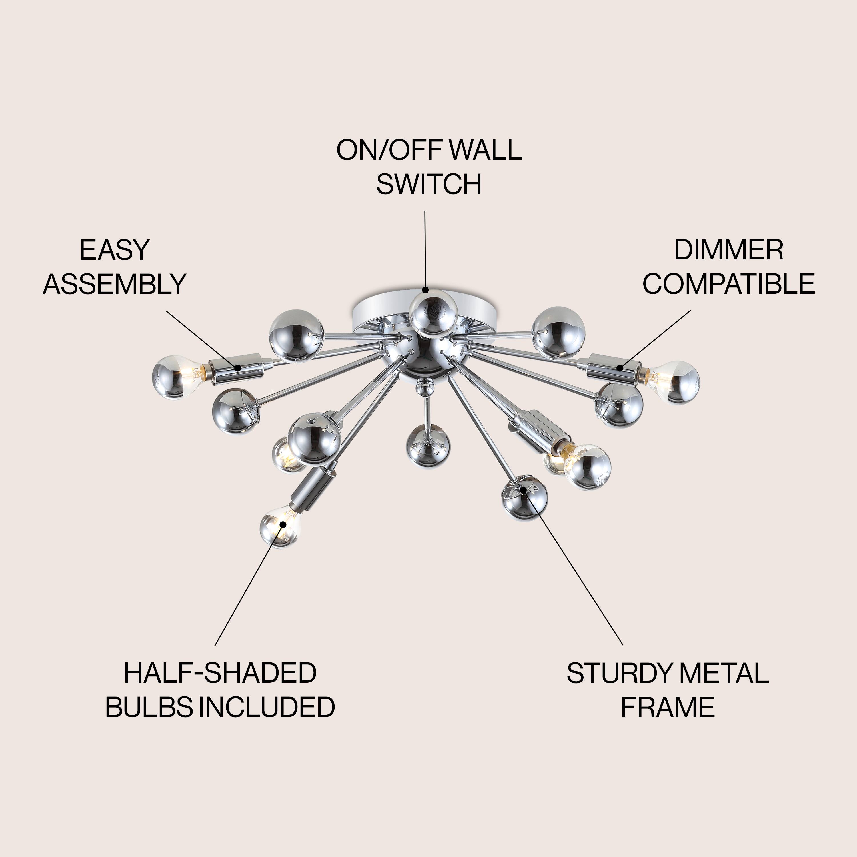 ON/OFF WALL SWITCH  
EASY ASSEMBLY  
DIMMER COMPATIBLE  
HALF-SHADDED BULBS INCLUDED  
STURDY METAL FRAME