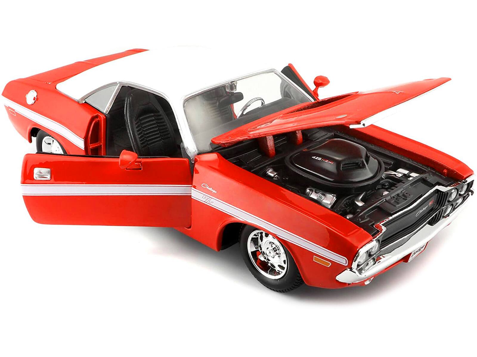 Alt View 2. Maisto - 1970 Dodge Challenger R/T Coupe Red with White Top and White Stripes 1/24 Diecast Model Car by Maisto.