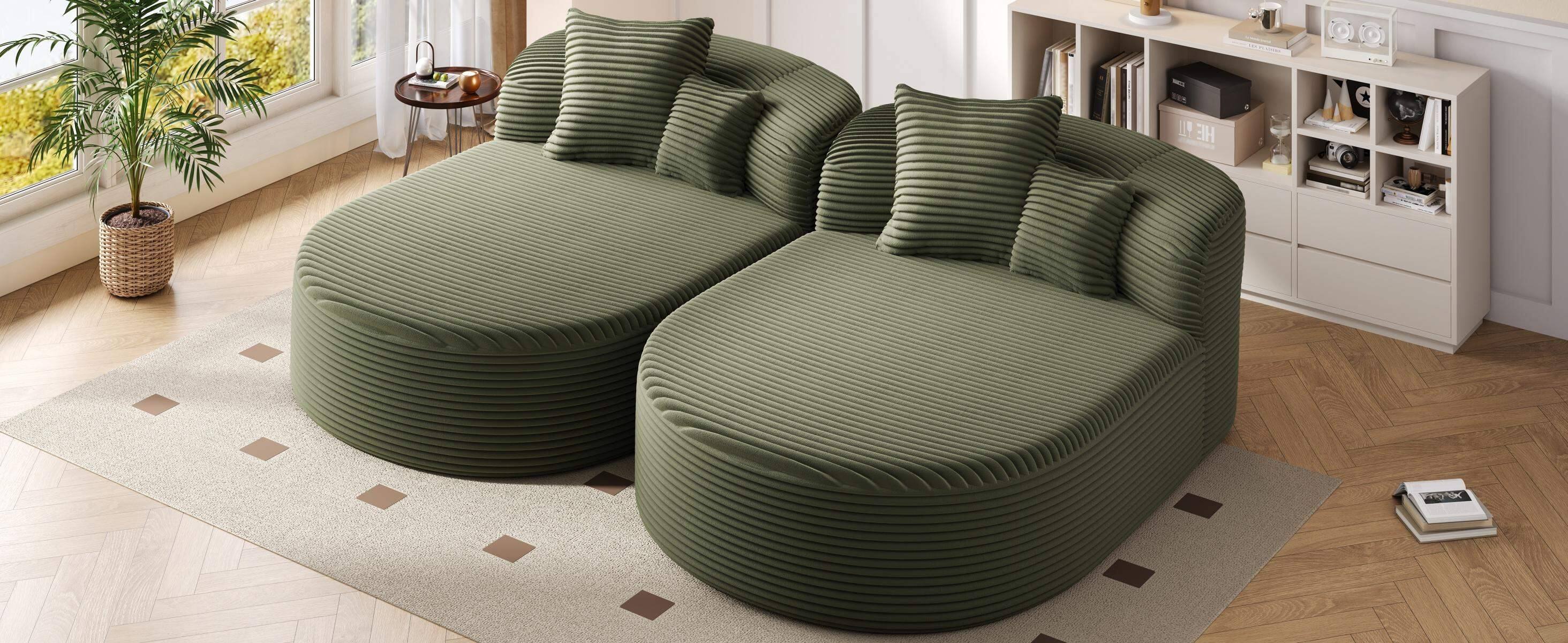 Left. Roomtec - Modern Chaise Lounge Sofa Boneless Couch Sofa Bed Compression Sofa Couch with Two Supportive Pillows for Living Room - Green.