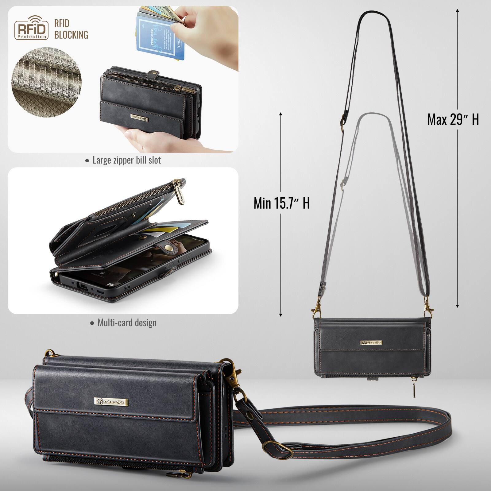 RFID Protection BLOCKING  
Large zipper bill slot  
Multi-card design  
Max 29" H  
Min 15.1" H