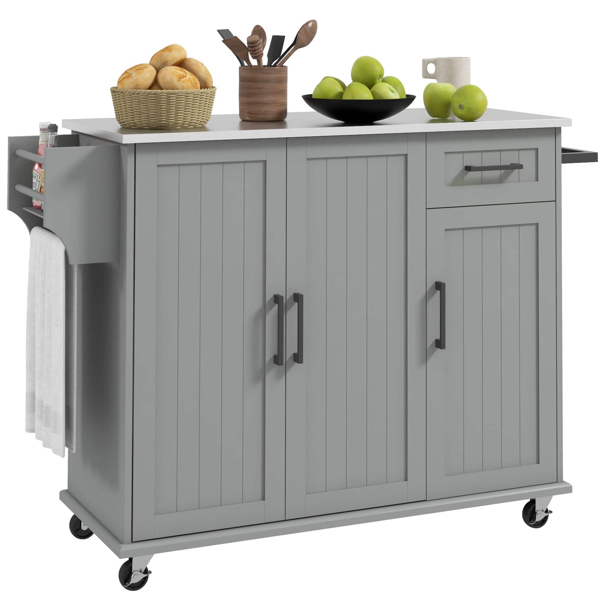 Homcom - Kitchen Island Cart with Storage, Rolling Cart with Drawer, 3 Cabinets, Stainless Steel Countertop, Spice Rack & Towel - Gray