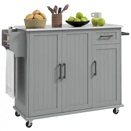 Front. Homcom - Kitchen Island Cart with Storage, Rolling Cart with Drawer, 3 Cabinets, Stainless Steel Countertop, Spice Rack & Towel - gray.