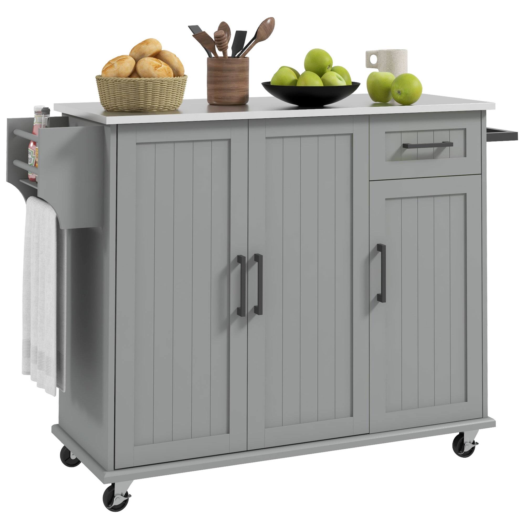Homcom - Kitchen Island Cart with Storage, Rolling Cart with Drawer, 3 Cabinets, Stainless Steel Countertop, Spice Rack & Towel - Gray