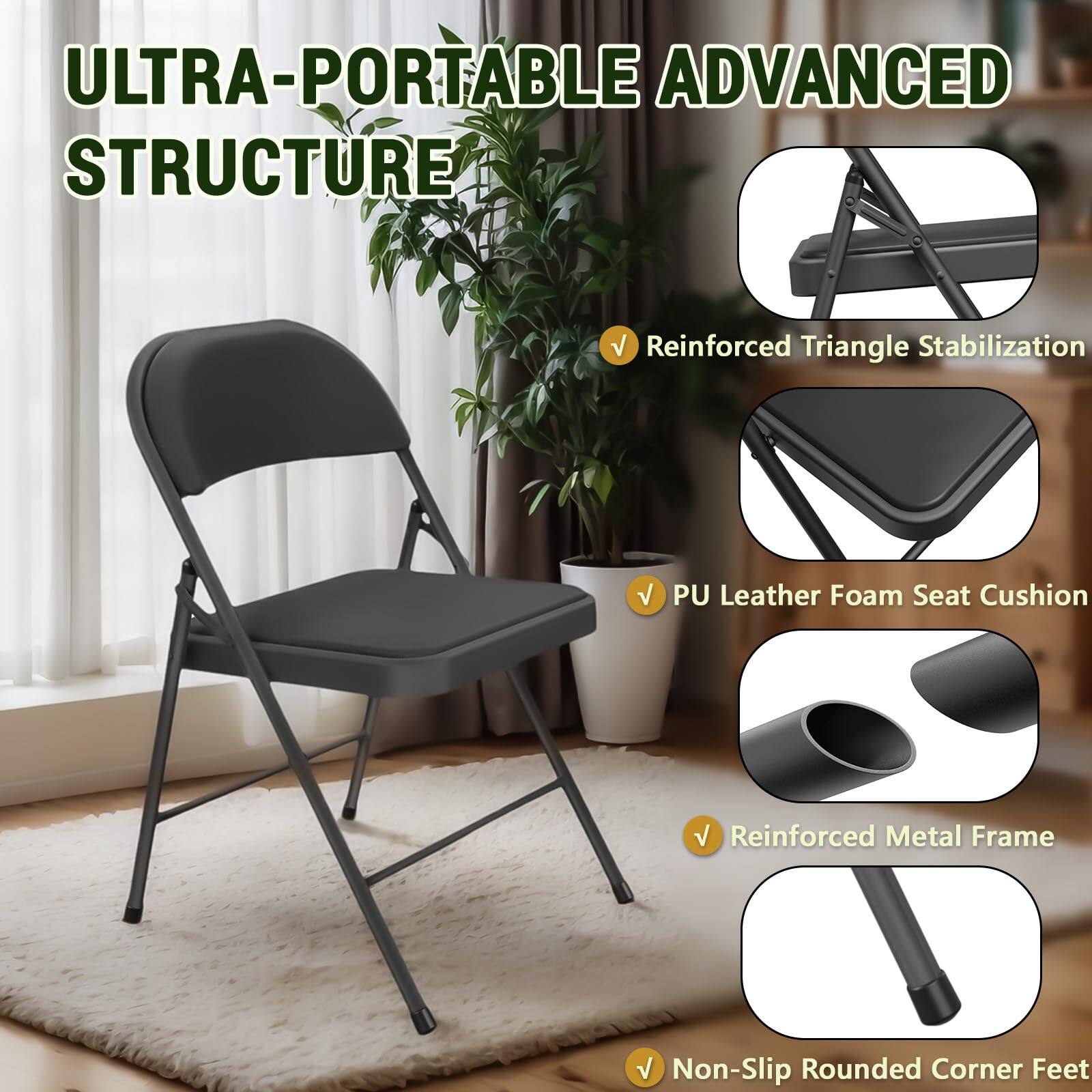 ULTRA-PORTABLE ADVANCED STRUCTURE

- Reinforced Triangle Stabilization
- PU Leather Foam Seat Cushion
- Reinforced Metal Frame
- Non-Slip Rounded Corner Feet