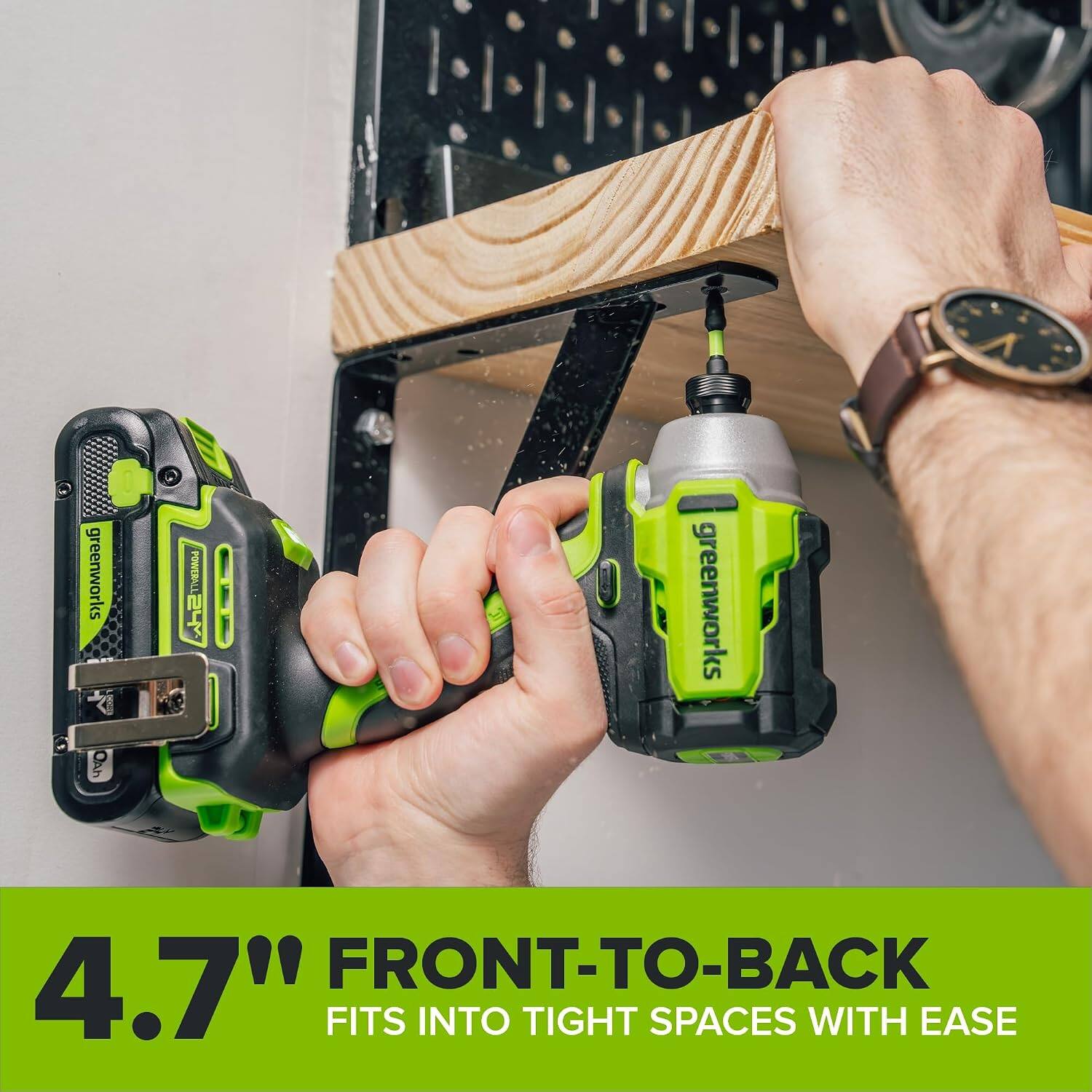greenworks  
4.7" FRONT-TO-BACK FITS INTO TIGHT SPACES WITH EASE