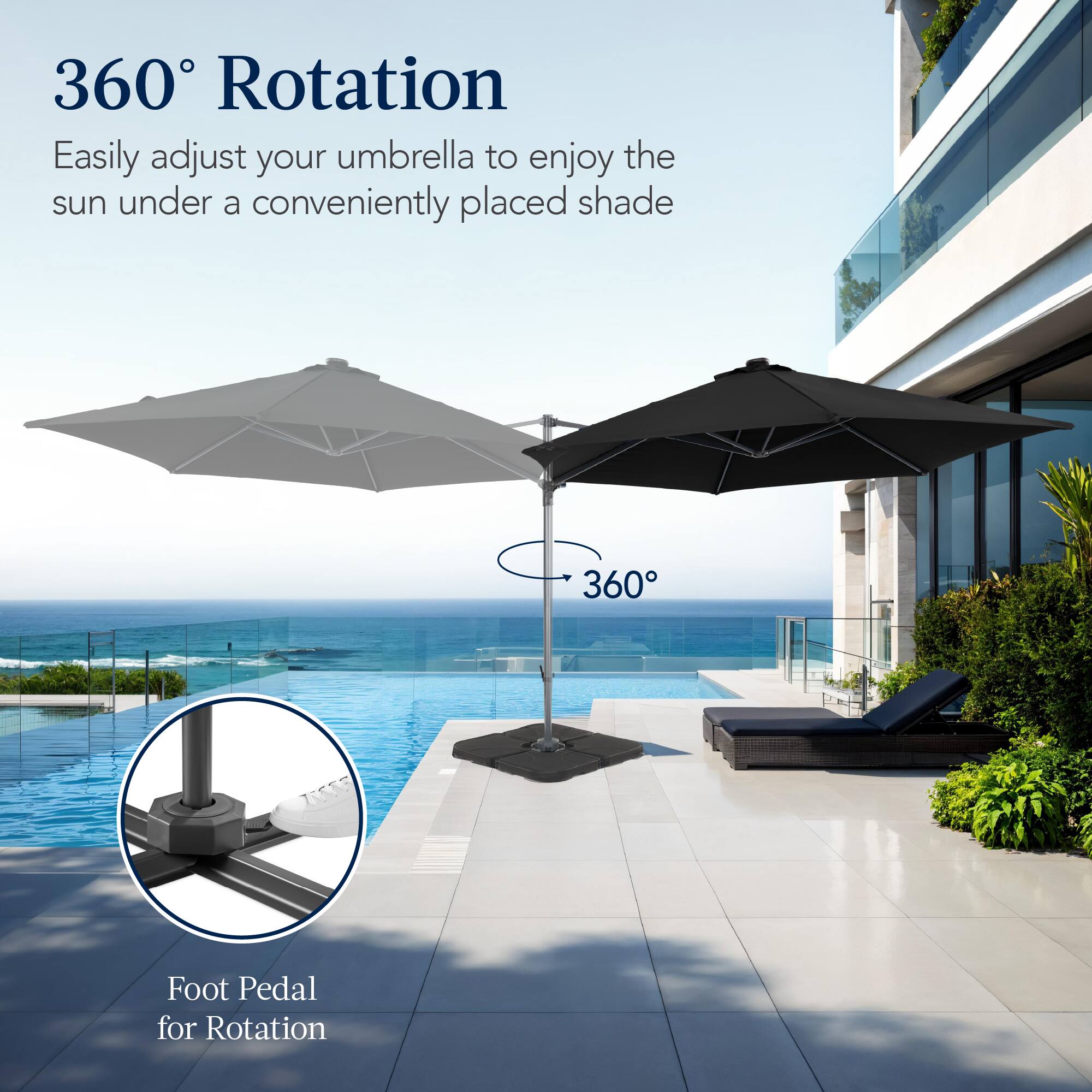 360° Rotation

Easily adjust your umbrella to enjoy the sun under a conveniently placed shade.

360° Foot Pedal for Rotation