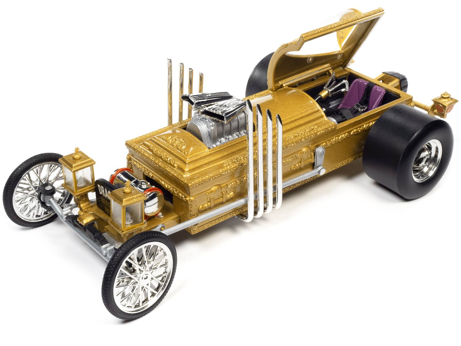 Angle. Autoworld - George Barris' Drag-u-la Gold "The Munsters" (1964-1966) TV Series "Silver Screen Machines" Series 1/18 - Gold.