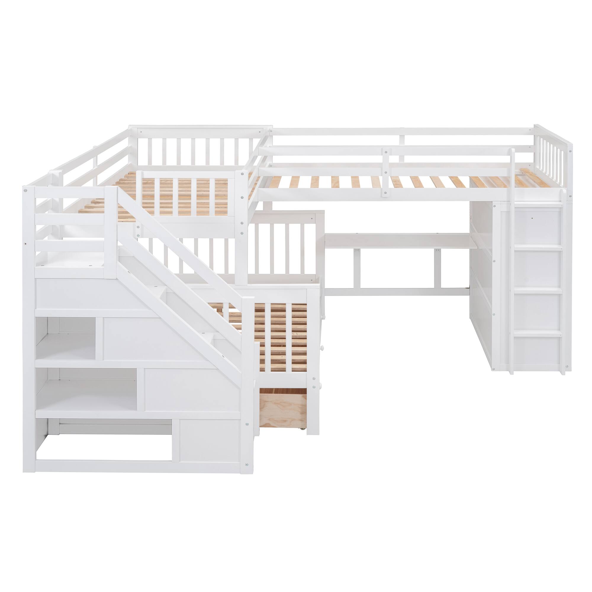 Alt View 1. Tiramisubest - Twin-Twin L-Shaped Bunk Bed, 3 Drawers, Portable Desk, Wardrobe, White - White.