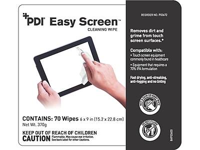 **PDI Easy Screen™ Cleaning Wipe**

**Reorder No. P03672**

**Removes dirt and grime from touch screen surfaces.**

**Compatible with:**
- Touch screen equipment commonly found in healthcare
- Equipment that requires a 70% IPA formulation

**Fast drying, anti-streaking, anti-fogging, and no linting**

**Contains:**
- 70 Wipes 6 x 9 in (15.2 x 22.8 cm)

**Net Wt. 370g**

**Keep out of reach of children**

**Caution:**
- Flammable
- May cause eye irritation
- See back label for other cautions

**Contains: 70% IPA formulation**