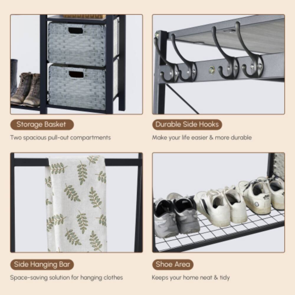 Storage Basket  
Two spacious pull-out compartments  

Durable Side Hooks  
Make your life easier & more durable  

Side Hanging Bar  
Space-saving solution for hanging clothes  

Shoe Area  
Keeps your home neat & tidy