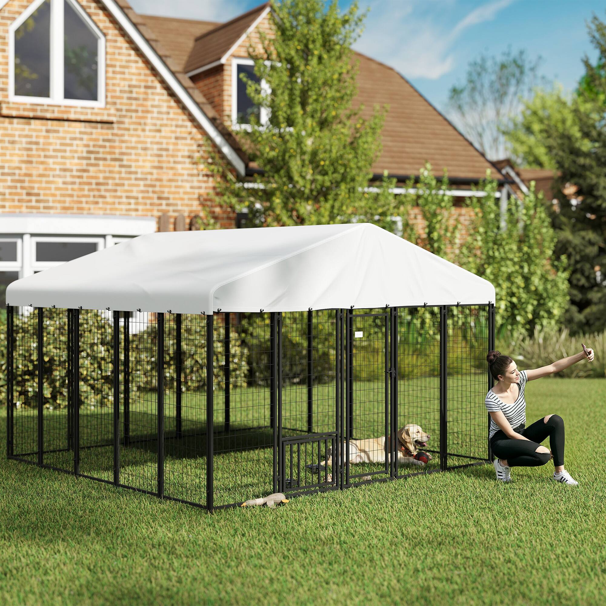 Angle. Pawhut - 9.8'x9.8'x6.8' Outdoor Dog Kennel, Welded Wire Run, 360° Rotating 4 Level Bowls, Waterproof Cover, S&M&L Dogs.