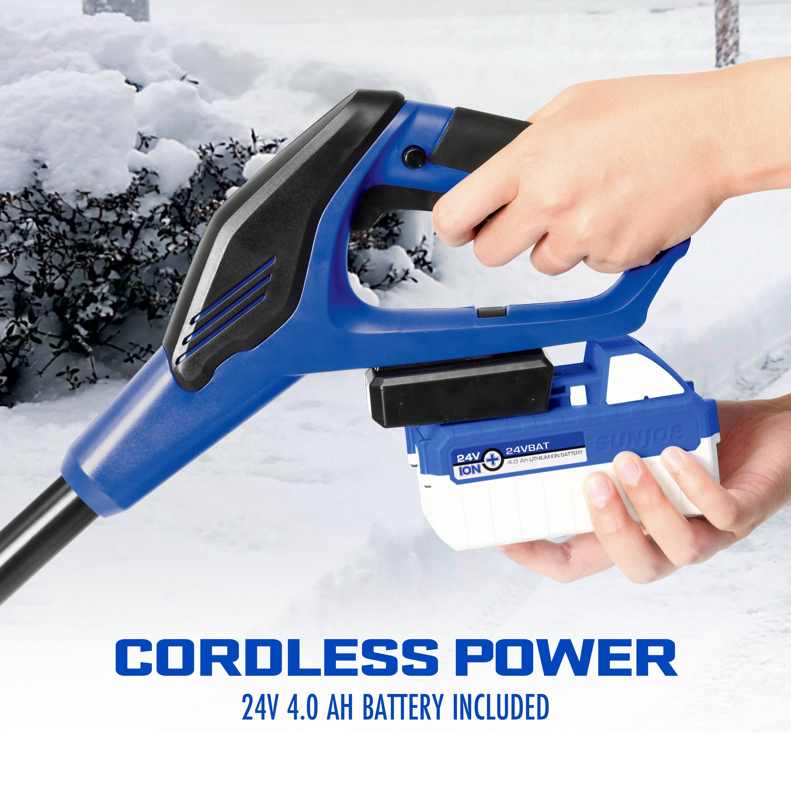 The text on the image is already grouped and correctly written. It reads: "24V + 24V BAT dr i adis SUNJOE 40 - ION CORDLESS POWER 24V 4.0  BATTERY INCLUDED."