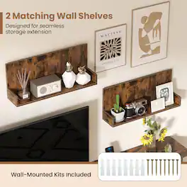 Costway - TV Stand for TVs up to 85", TV Cabinet with 2 Wall Shelves & Charging Station - Rustic Brown & Black