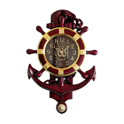 Front. FC Design - 21"H Red Golden Nautical Ship Wheel Wall Clock - Unique Decor - Multicolor.