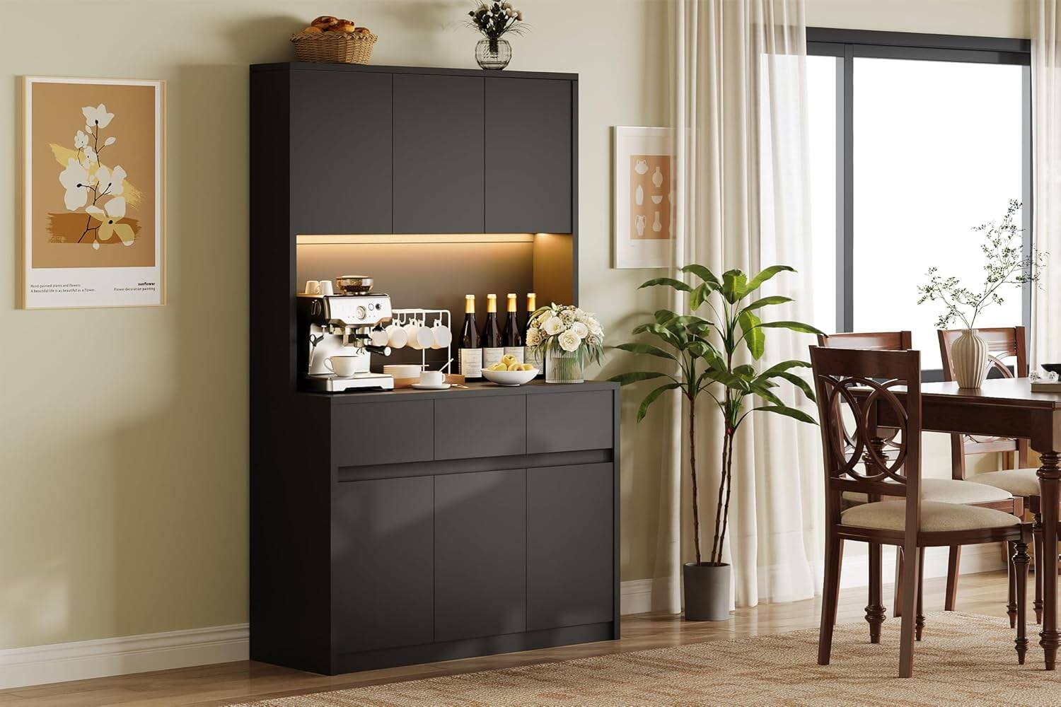 Front. GARVEE - 70-Inch Black Pantry Cabinet with Charging Station, Microwave Stand for Dining Room, Stylish Organizer - Black.