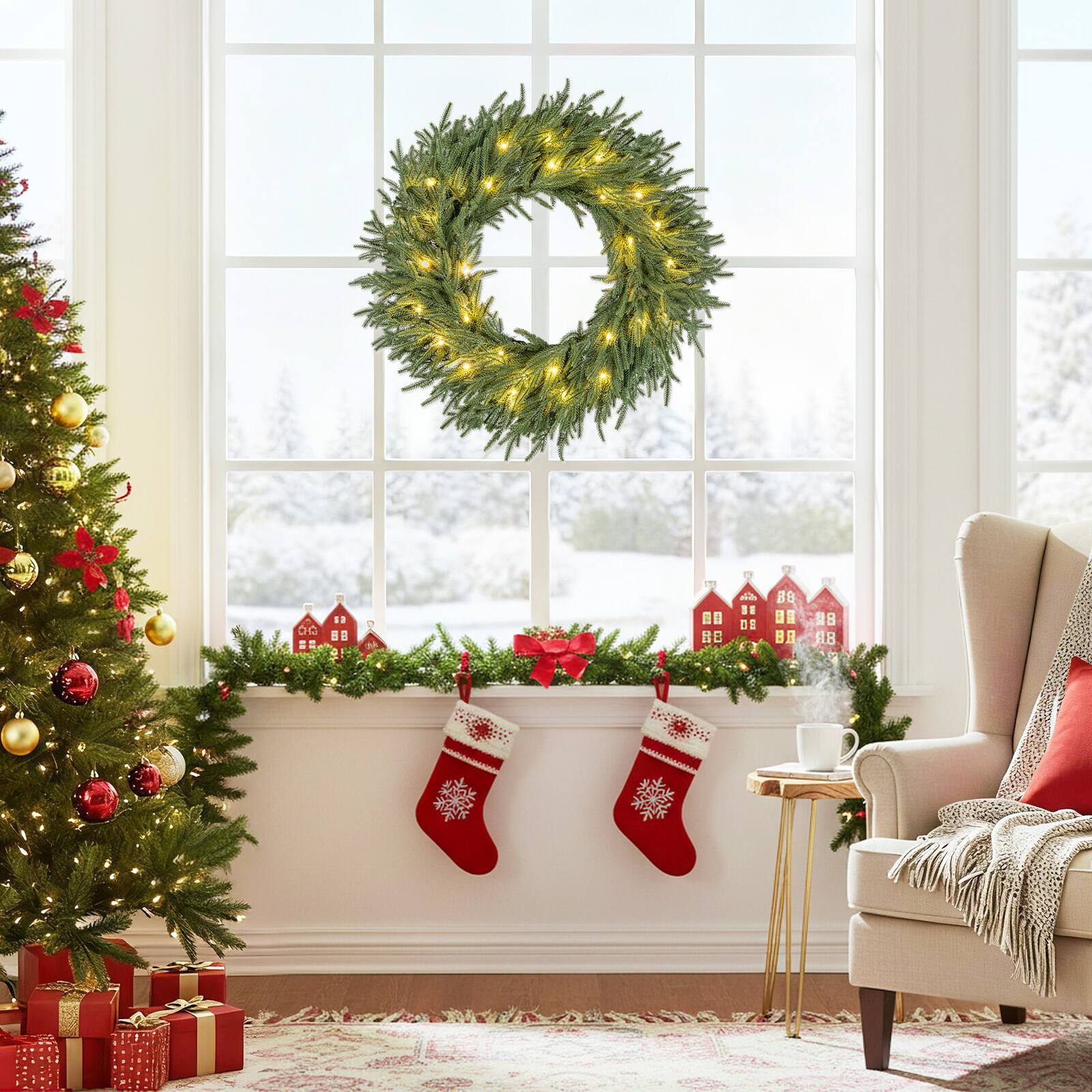 Alt View 3. Gymax - Gymax 24'' Outdoor Artificial Pre-Lit Christmas Wreath w/108 Branch Tips & 35 White LED Lights Green - Green.