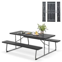 Costway - Folding Picnic Table with Wood-like Tabletop, Umbrella Hole, 2 Benches for 8 Person - Black