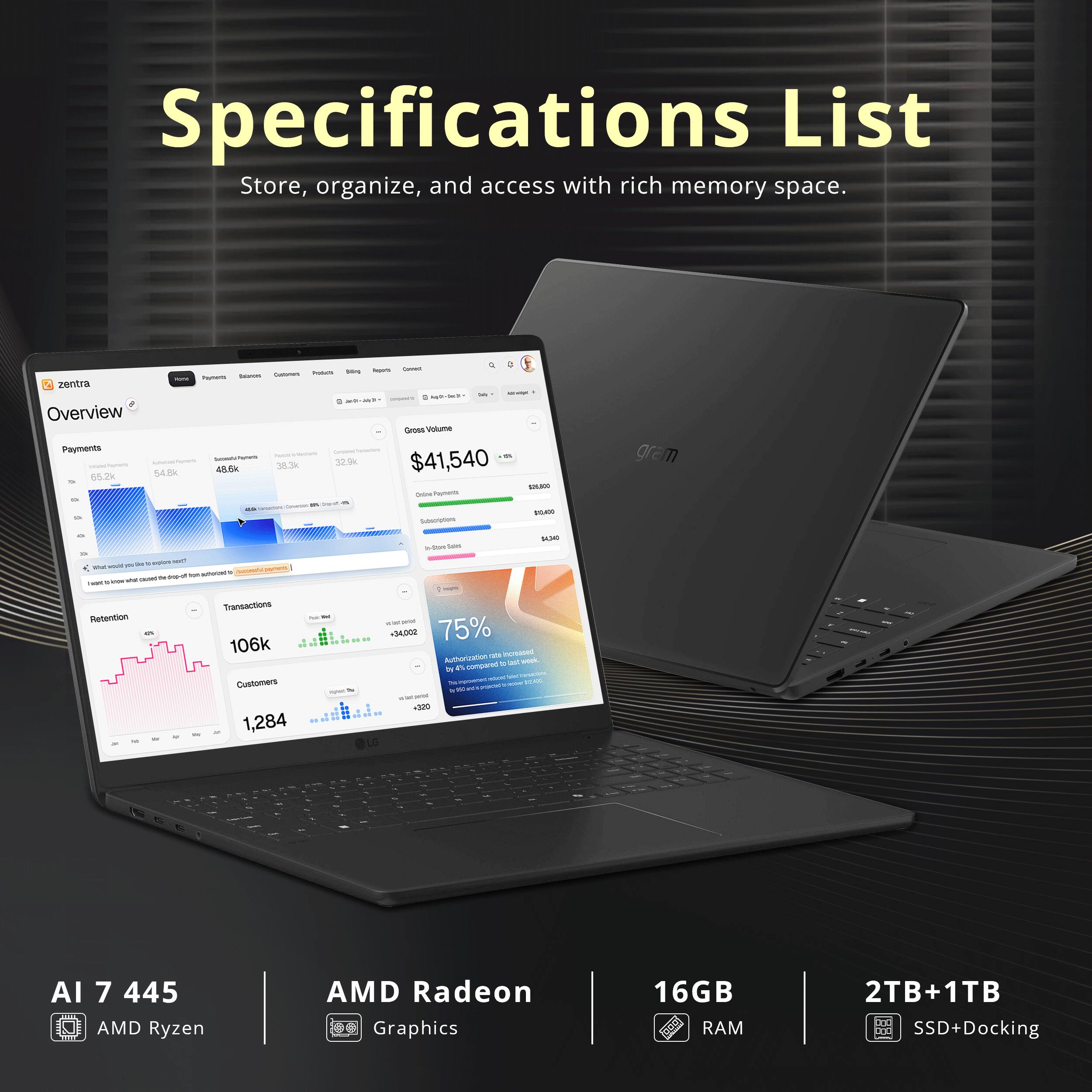 Specifications List  
Store, organize, and access with rich memory space.  

zentra Overview  
Payments 6.2k  
MD - 456A  
Gross Volume 32.0% $41,540  
Retention Transactions 106k  
Customers 1,284  
SADT 75%  

AI 7 445  
AMD Ryzen  
AMD Radeon Graphics  
16GB RAM  
2TB+1TB SSD+Docking