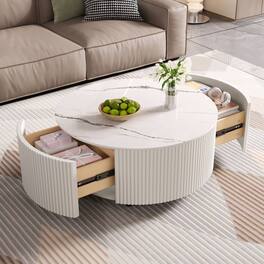 GOODSILO - Modern Round Mobile Coffee Table with Two Drawers and Marble-Pattern Top - White