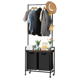 Oumilen - 2-Bag Rolling Laundry Hamper with Clothes Rack – Metal Garment Rack with Hooks & Removable Bags - Brown