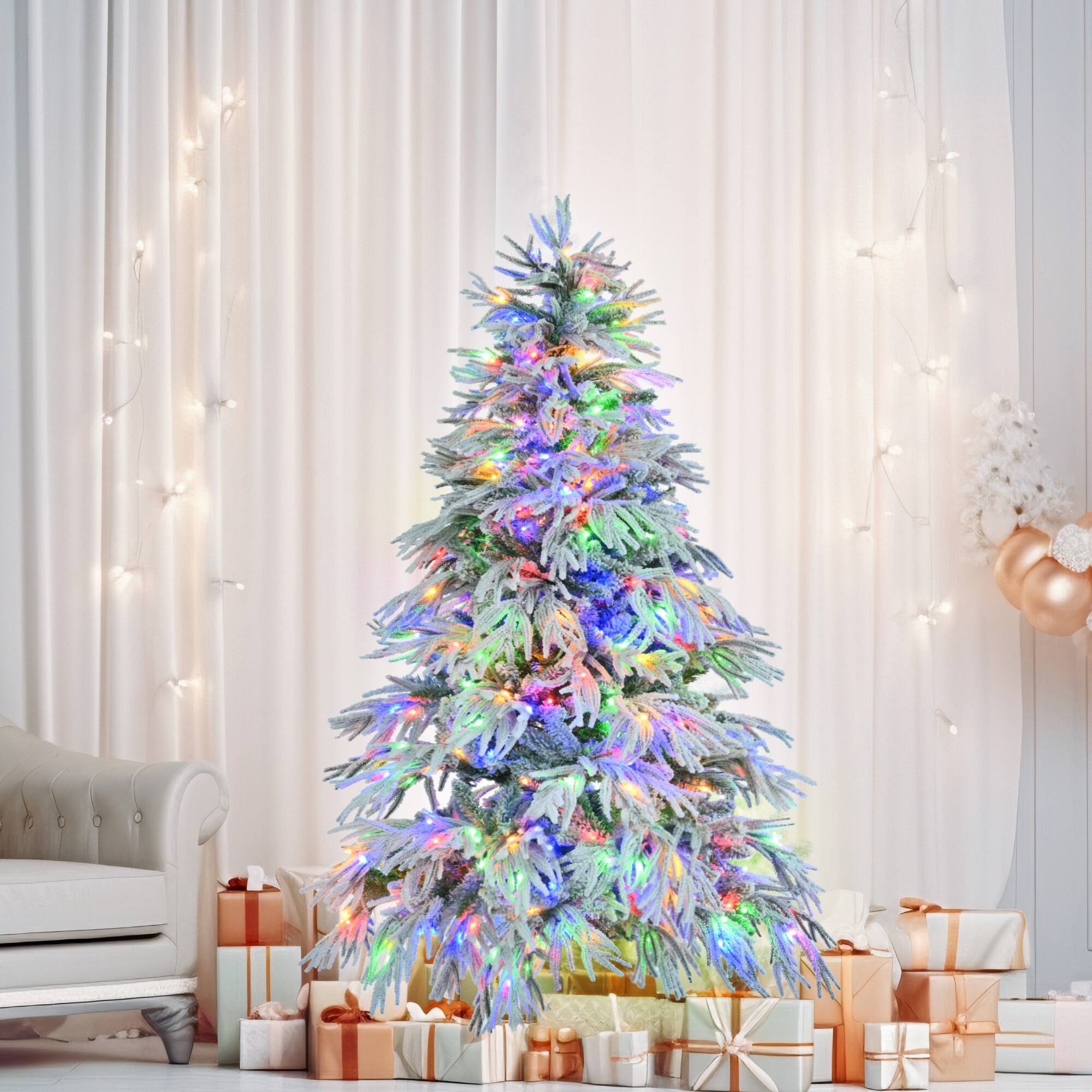 Angle. Lirago - 6ft Pre-Lit Snow Flocked Artificial Christmas Tree with 300 Multi-Color LED Lights 8 Modes 790 Tips - White.