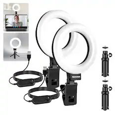 Front. Neewer - 5" Ring Light Kit (2-Pack) with Tripod Stands - Clip-On Video Conference Lighting for Monitor & Laptop - Black.