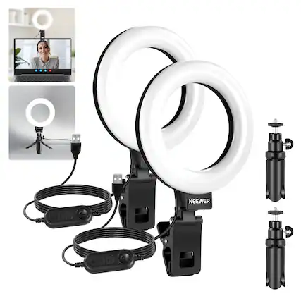 Front. Neewer - 5" Ring Light Kit (2-Pack) with Tripod Stands - Clip-On Video Conference Lighting for Monitor & Laptop - Black.