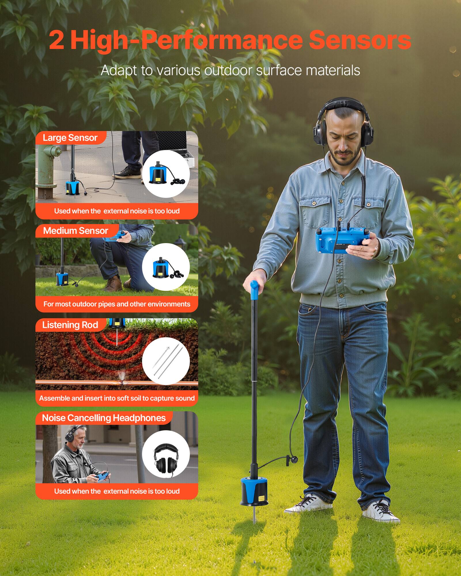 2 High-Performance Sensors  
Adapt to various outdoor surface materials  

Large Sensor  
Used when the external noise is too loud  

Medium Sensor  
For most outdoor pipes and other environments  

Listening Rod  
Assemble and insert into soft soil to capture sound  

Noise Cancelling Headphones  
Used when the external noise is too loud