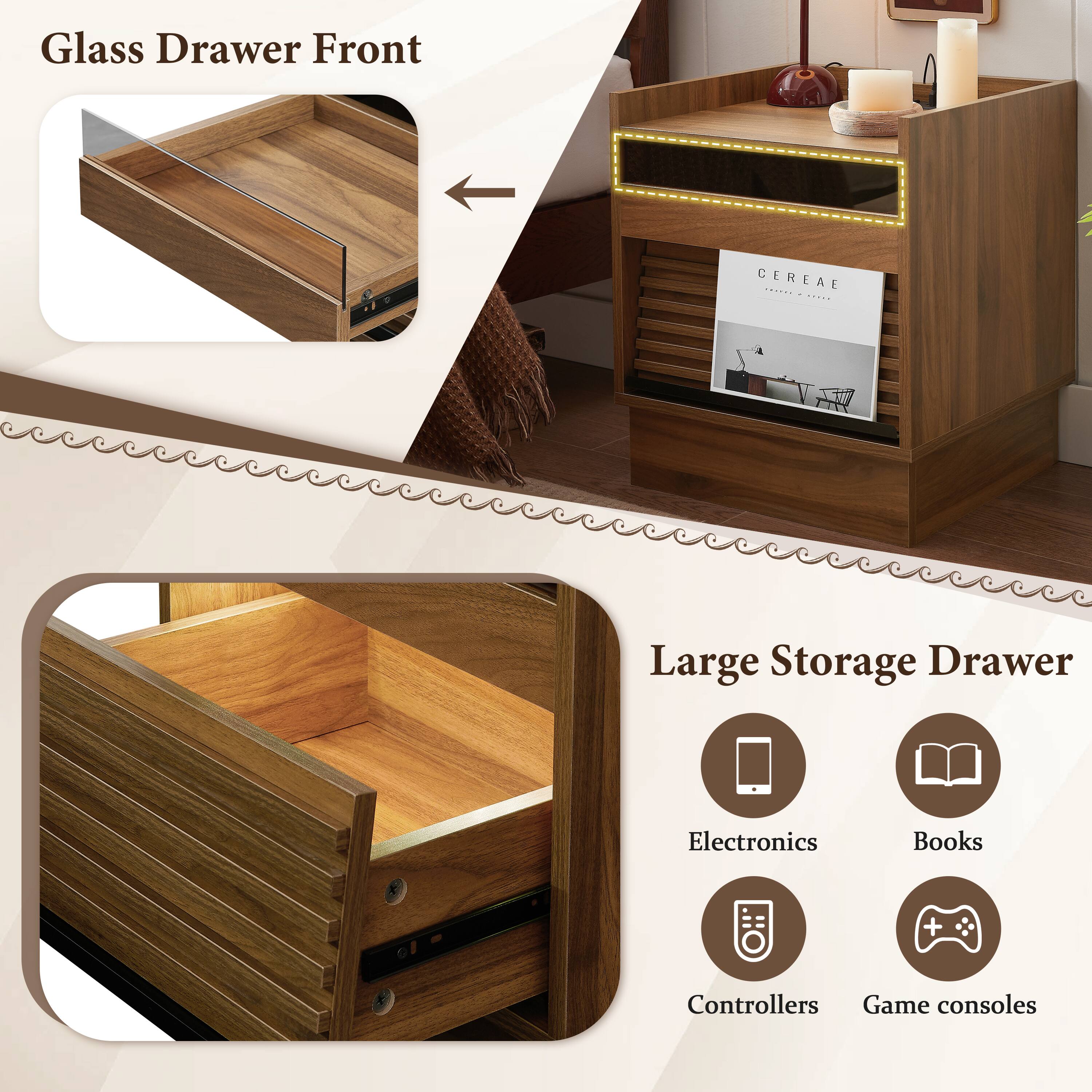 Glass Drawer Front

Large Storage Drawer

Electronics  
Books  
Controllers  
Game consoles