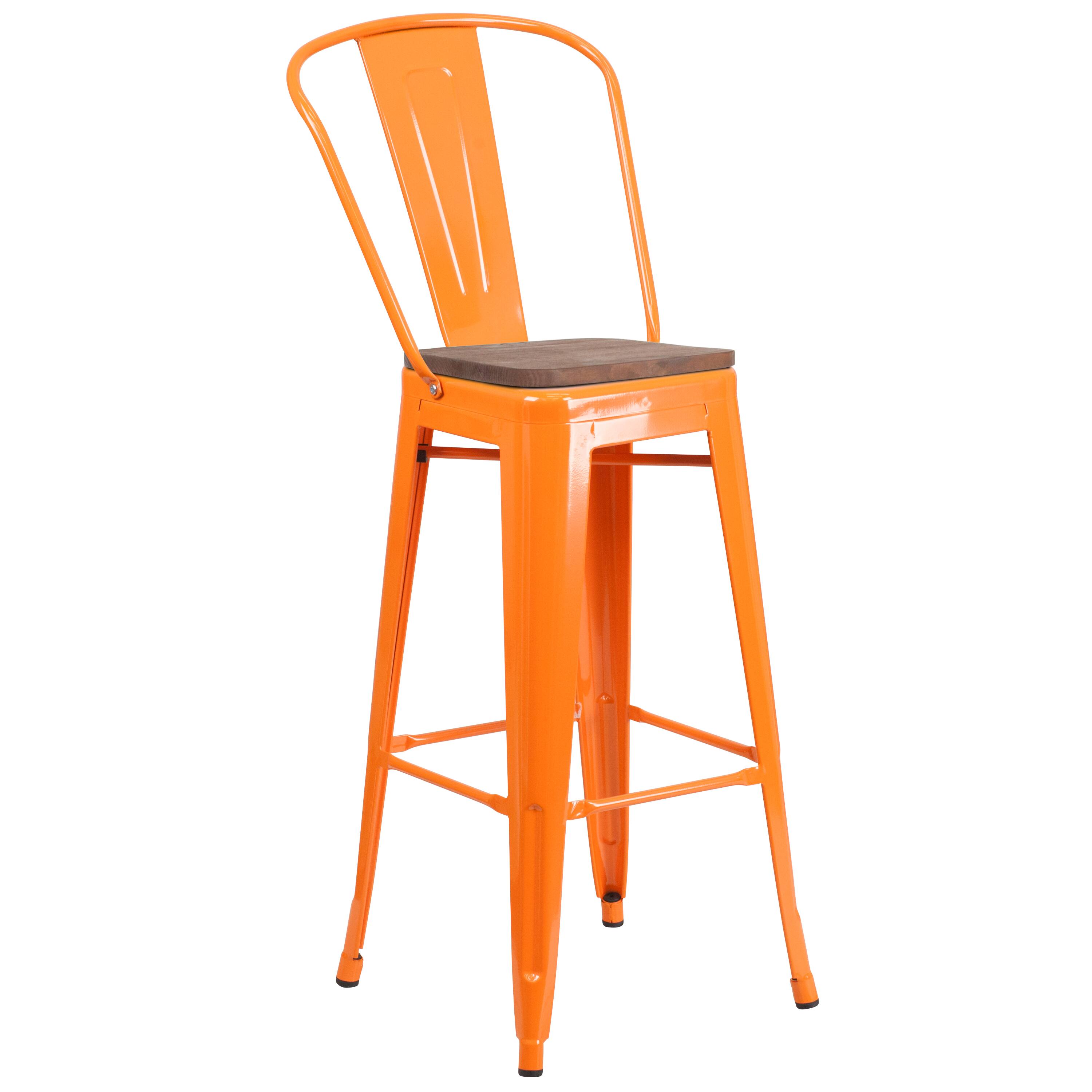 Alt View 1. Emma + Oliver - 30"H Metal Dining Barstool with Back and Square Wood Seat - Orange.