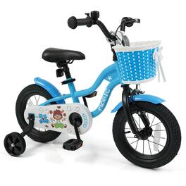 Costway - 12" Kids Bike with Training Wheels, Basket, Hand & Coaster Brakes, Adjustable Seat - Navy