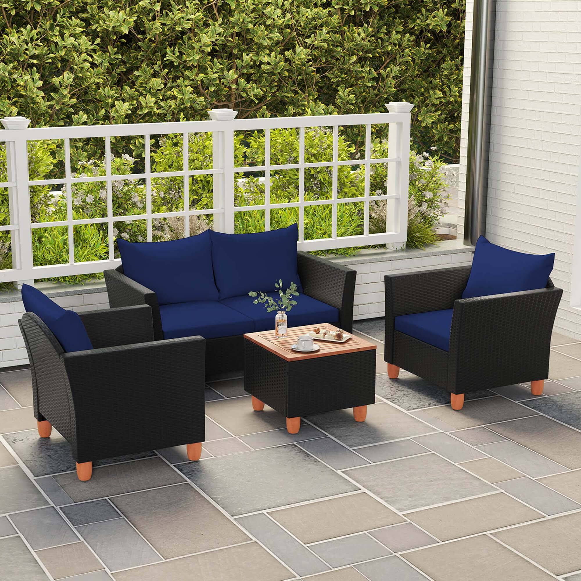 Alt View 3. Costway - 4 PCS Wicker Patio Furniture Set with Removable Cushions Storage Coffee Table - Navy,Black.