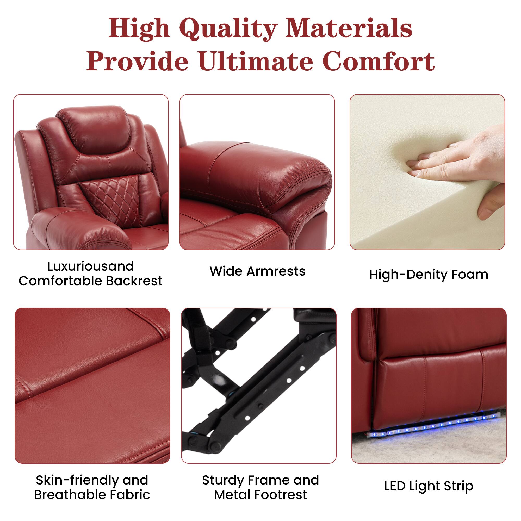 High Quality Materials Provide Ultimate Comfort

- Luxurious and Comfortable Backrest
- Wide Armrests
- High-Density Foam
- Skin-friendly and Breathable Fabric
- Sturdy Frame and Metal Footrest
- LED Light Strip