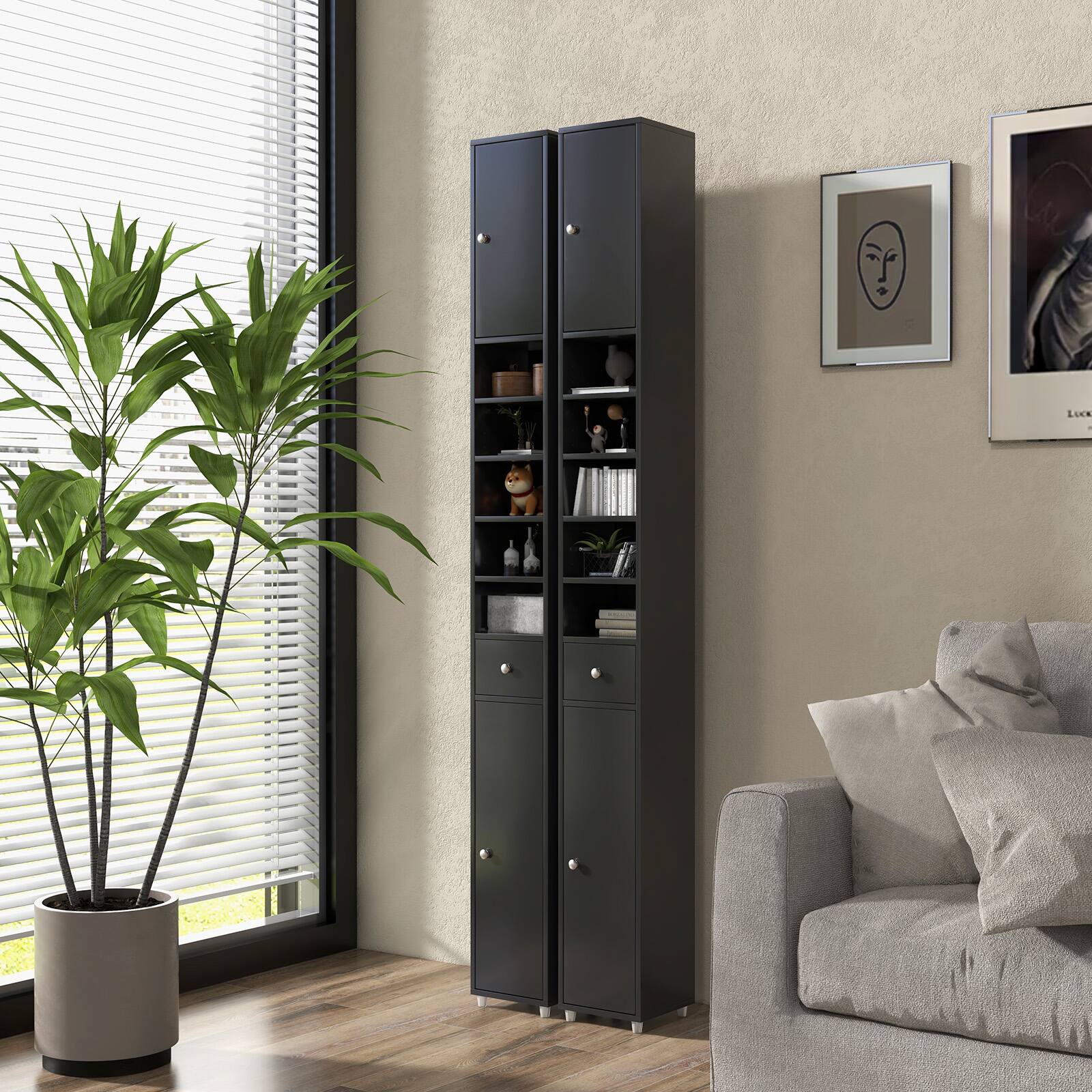 Alt View 8. Ecooso - Freestanding Slim Bathroom Cabinet with Drawer and Adjustable Shelves - Black.