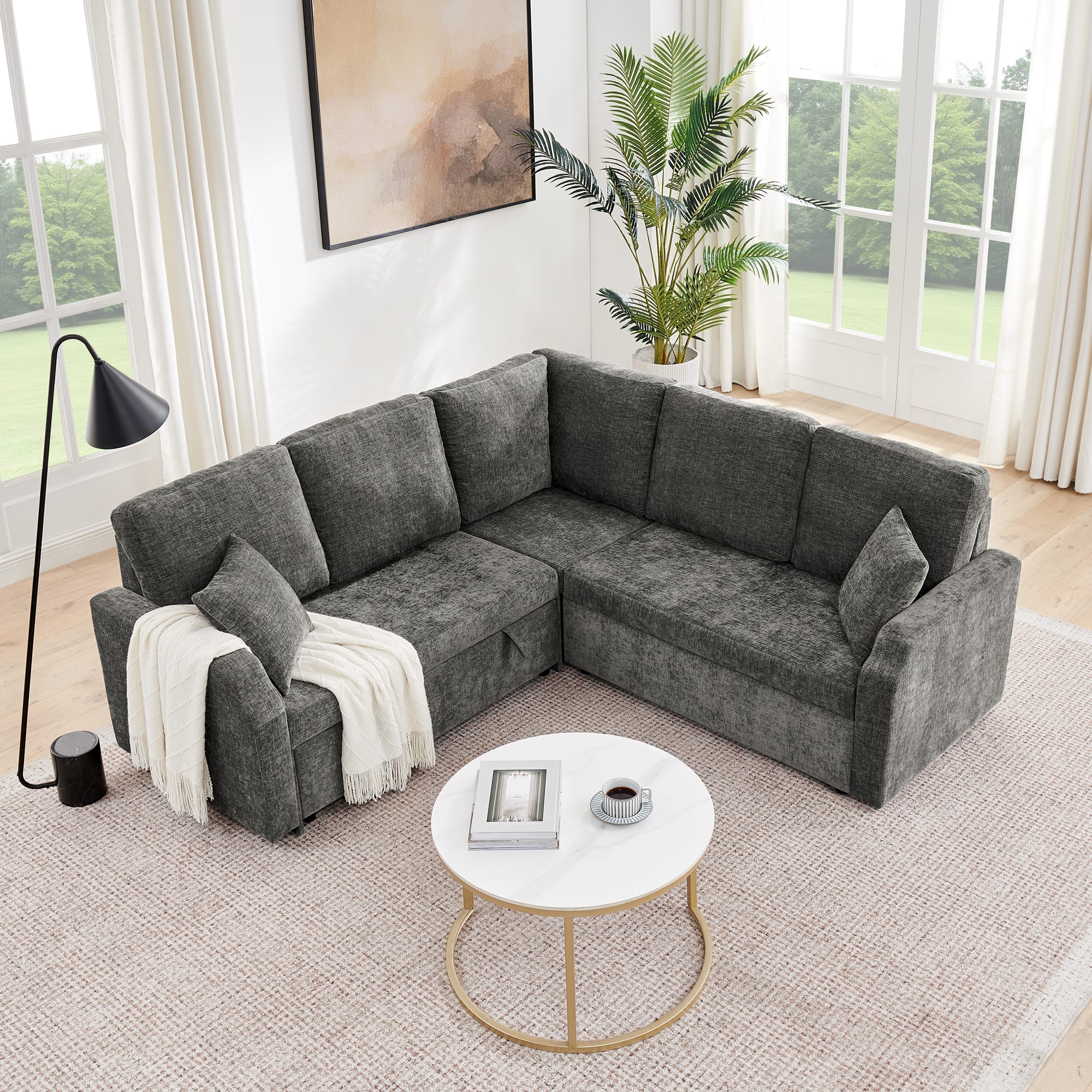 Anysun - 81.2" Modular Chenille Convertible Sectional Sofa with Pull-Out Bed – 5-Seat L-Shaped Sleeper Couch with Hidden Storage - Dark Gray