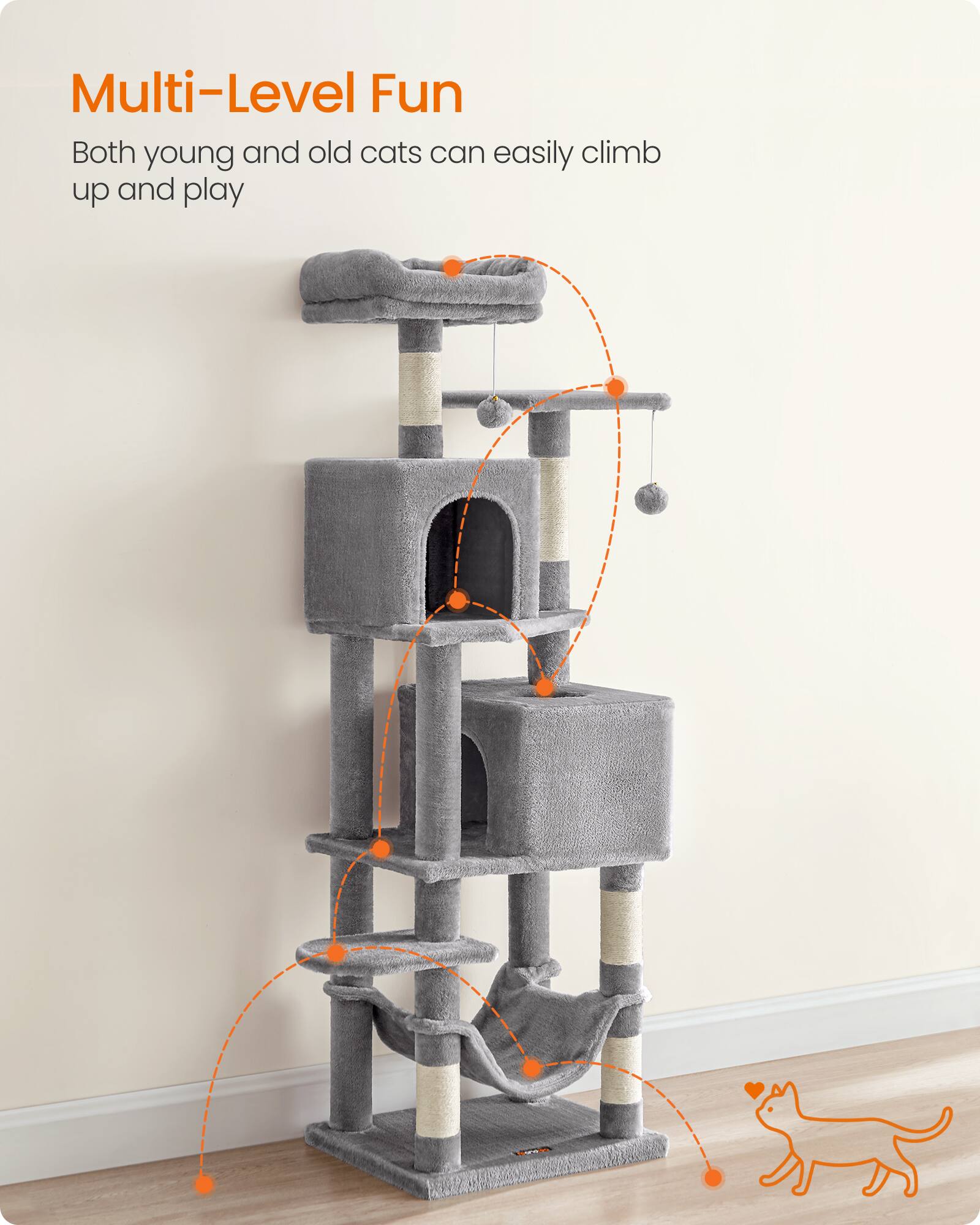 Multi-Level Fun  
Both young and old cats can easily climb up and play