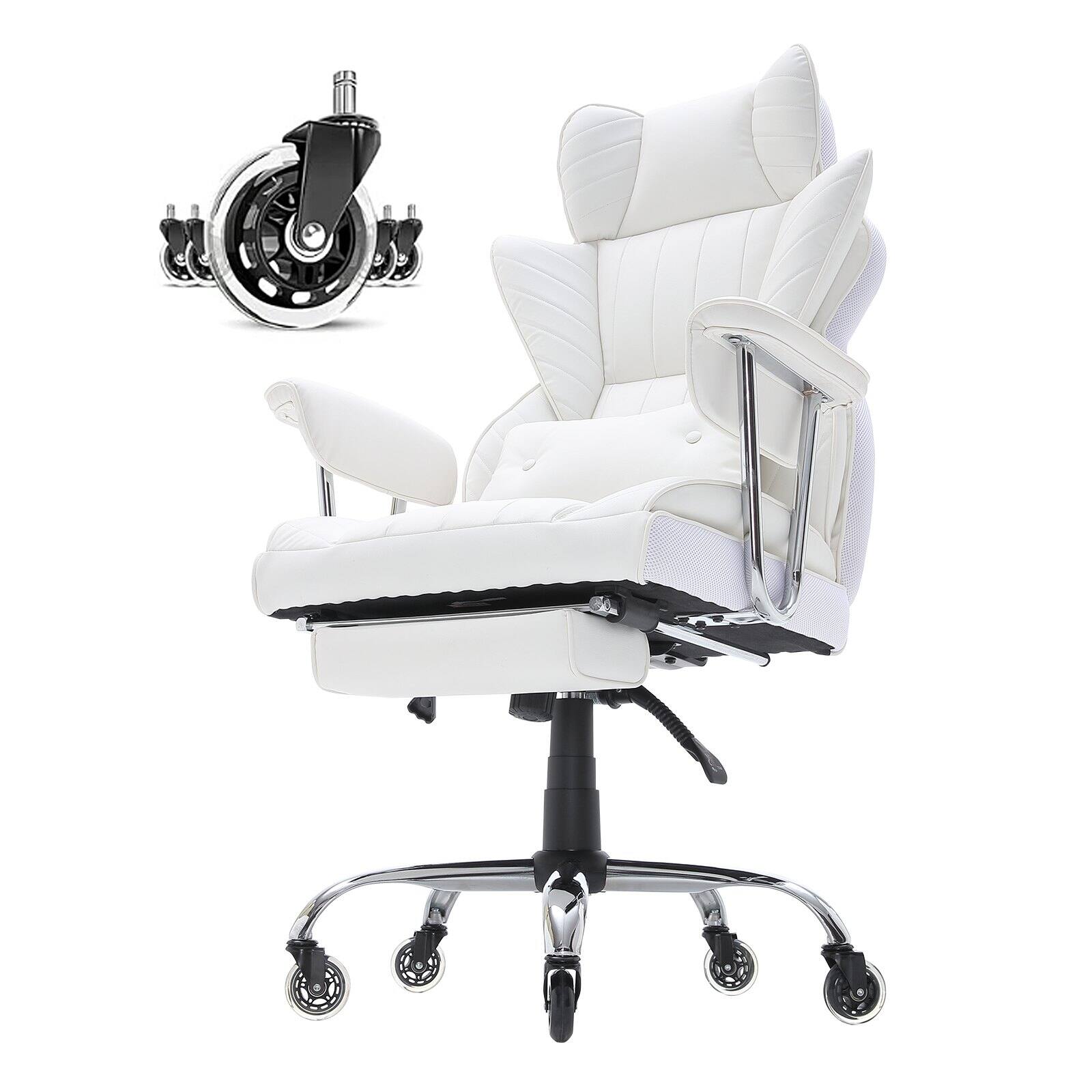 Alt View 8. Glintex - Reclining Office Chair with Footrest, Wide PU Leather Executive Desk Chair with Lumbar Support and Heavy-Duty Base - White.
