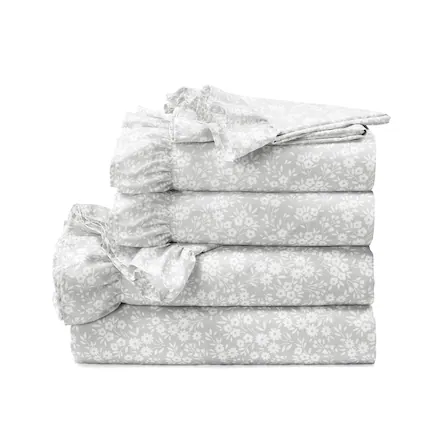 Front. SlickBlue - Floral Ruffle 6-Piece Polyester Sheet Set for Soft, Stylish Bedding - Grey.