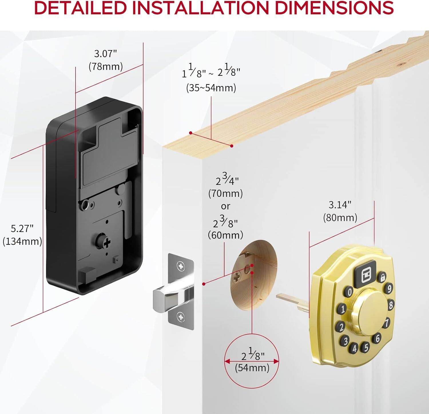 DETAILED INSTALLATION DIMENSIONS

- 3.07" (78mm)
- 5.27" (134mm)
- 1 1/8" ~ 2 1/8" (35~54mm)
- 2 3/4" (70mm) or 2 3/8" (60mm)
- 3.14" (80mm)
- 2 1/8" (54mm)