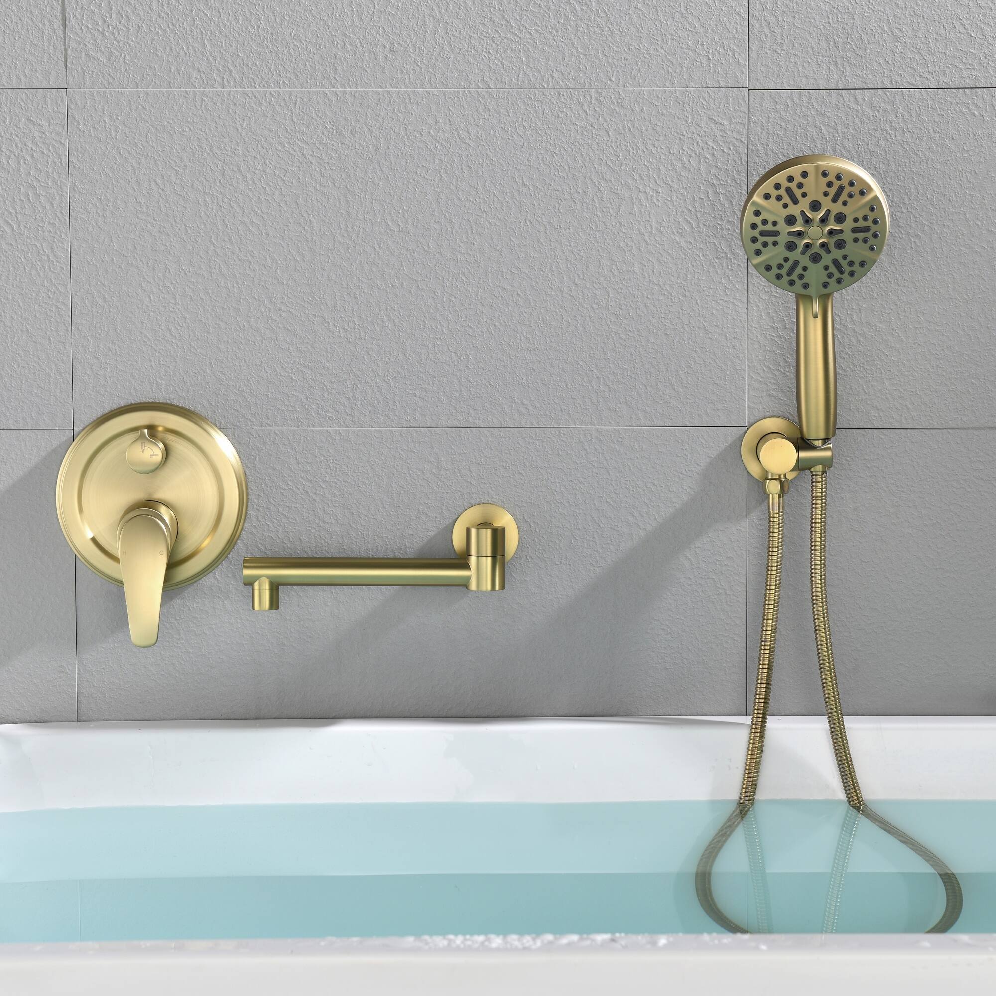 Alt View 1. Boyel Living - Brushed Gold Wall Mount Bathtub Faucet Brass 2-Function Valve 180° Rotating Spout 7-Function Handheld cUPC - Brushed Gold.
