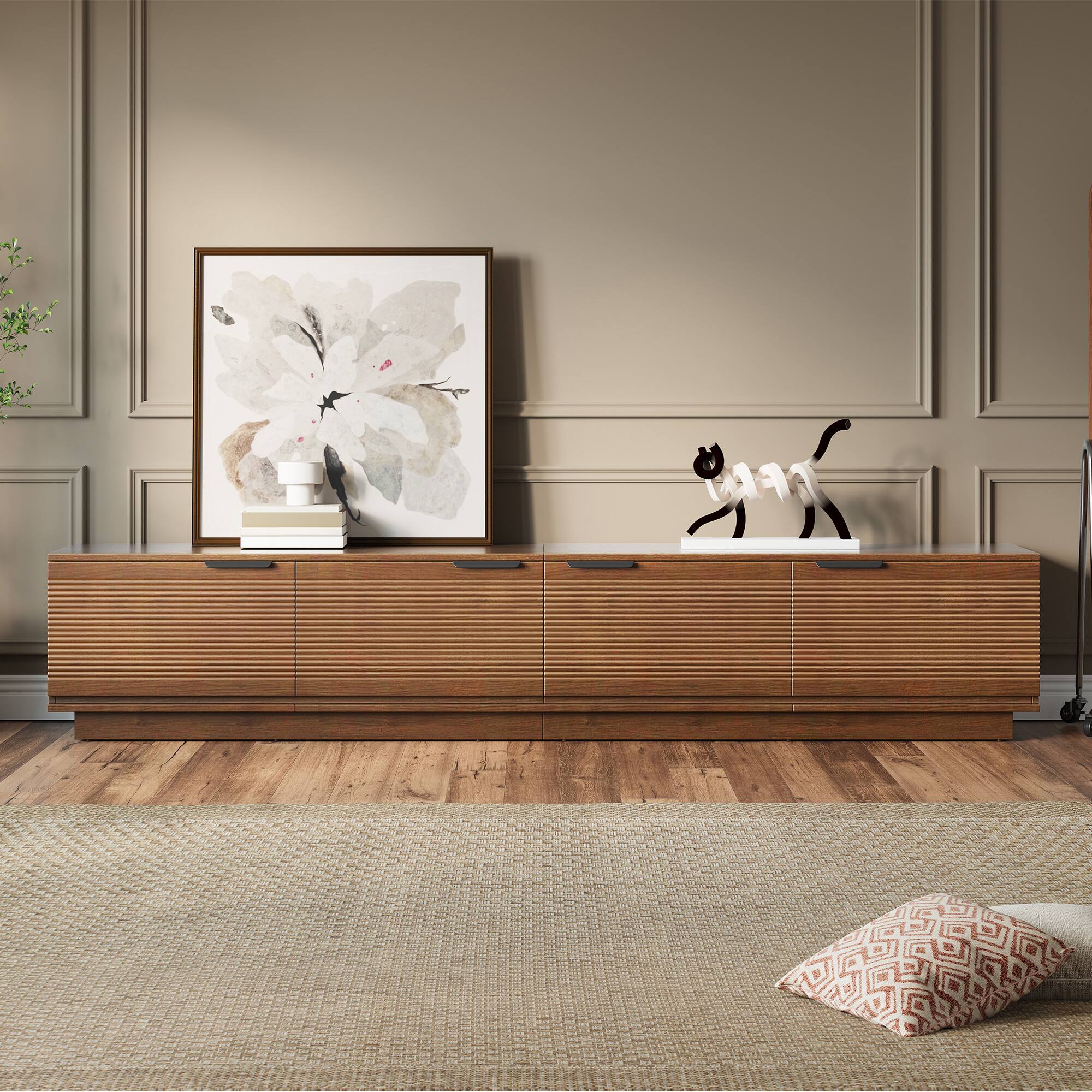 Left. MERAVOM - Modern TV Stand for TVs up to 85", Entertainment Center with 4 Fluted Doors, Media TV Console for Living Room, Bedroom - Walnut.