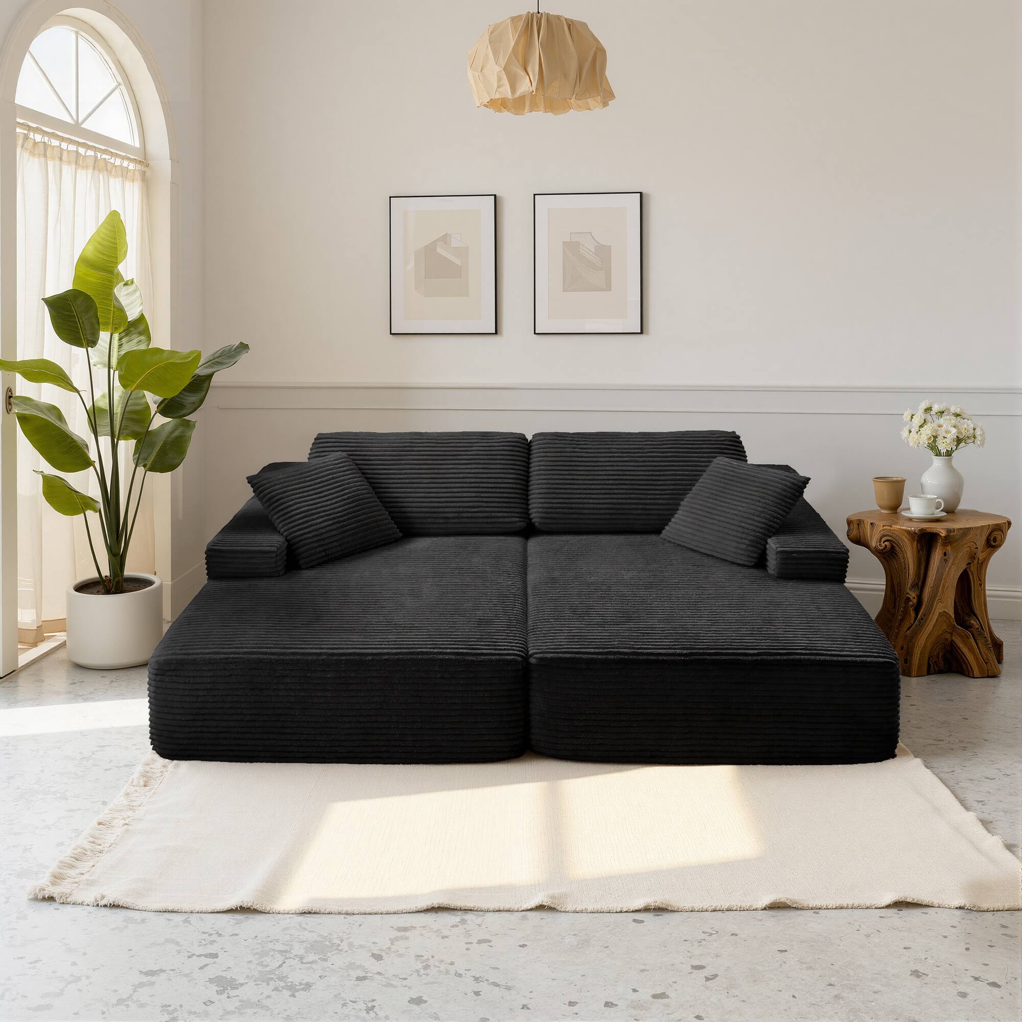 Alt View 6. Meqiodas - Oversized Double Lounge Chaise,Cloud Plush Sofa Bed,Modern Corduroy Upholstered Boneless Cloud Sofa Deep Seat - Black.