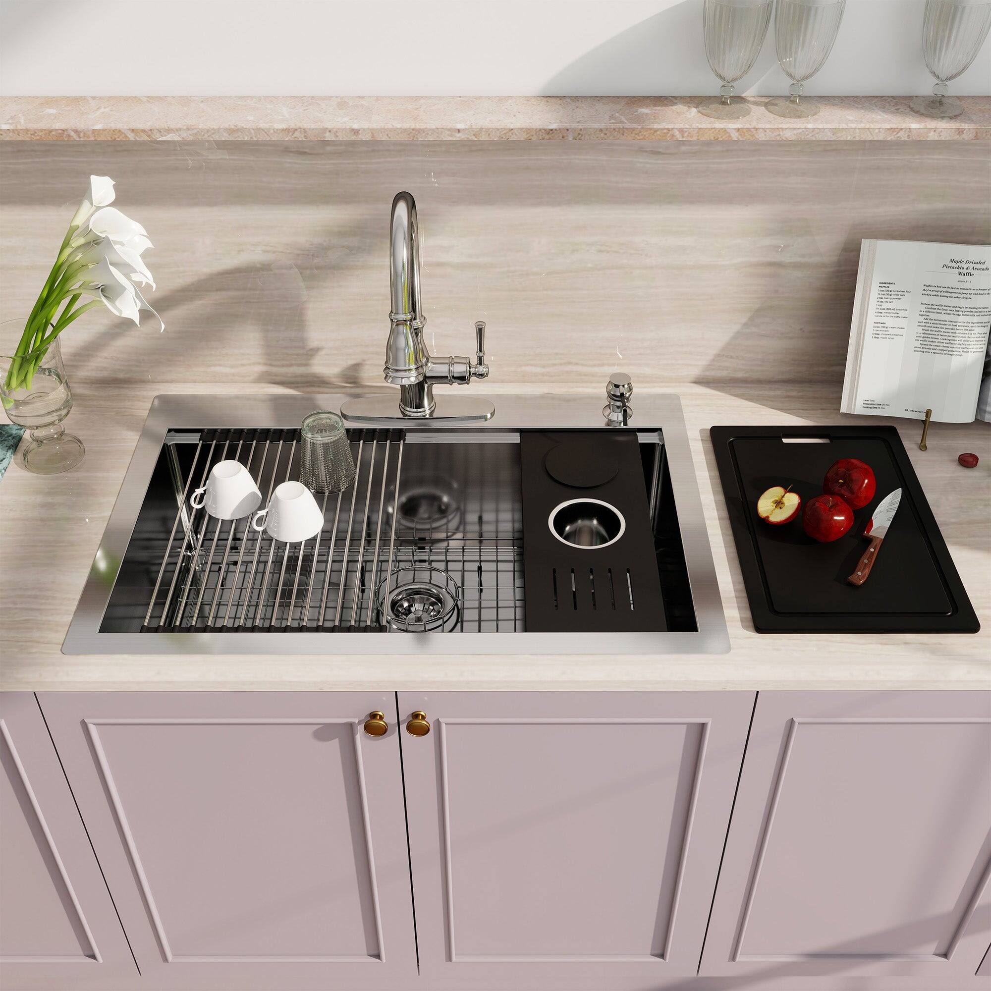 Alt View 3. Boyel Living - 33 in. Drop-In Single Bowl 18-Gauge Stainless Steel Kitchen Sink with Bottom Grid and Strainer Basket and Cutting Board - Silver.