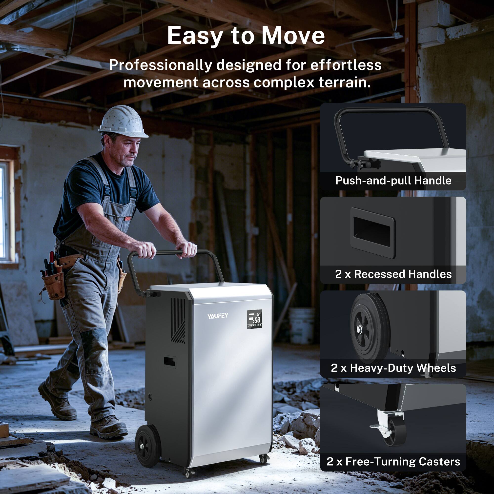 Easy to Move  
Professionally designed for effortless movement across complex terrain.  
Push-and-pull Handle  
2 x Recessed Handles  
2 x Heavy-Duty Wheels  
2 x Free-Turning Casters