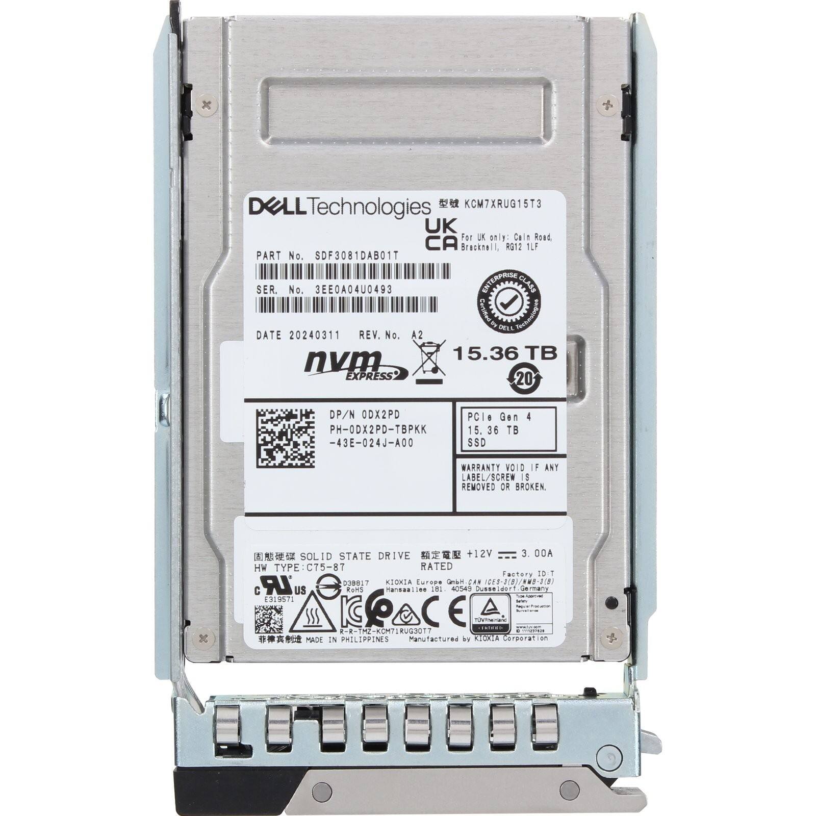 DELL Technologies  
KCM7XRUG15T3  
UK For UK only: Cale Road, CA Bracknell, RG12 1LF  
PART No. SDF3081DAB01T  
SER. No. 3EE0A04U0493  
DATE 20240311  
REV. No. A2  
15.36 TB  
nvm EXPRESS  
DP/N 0DX2PD  
PH-0DX2PD-TBPKK-43E-024J-A00  
PCIe Gen 4  
15.36 TB SSD  
WARRANTY VOID IF ANY LABEL/SCREW IS REMOVED OR BROKEN  
SOLID STATE DRIVE +12V 3.00A  
HW TYPE: C75-87  
RATED  
Factory IDT  
LR TeCO  
IOKIA  
Eurogs CA CAN  
3 C US  
RONS  
Hanealies  
1: 4054 Susseidert Dermany  
[3:9571 KOACE TOVTATEN R-TM2-KCH71RUG3OT