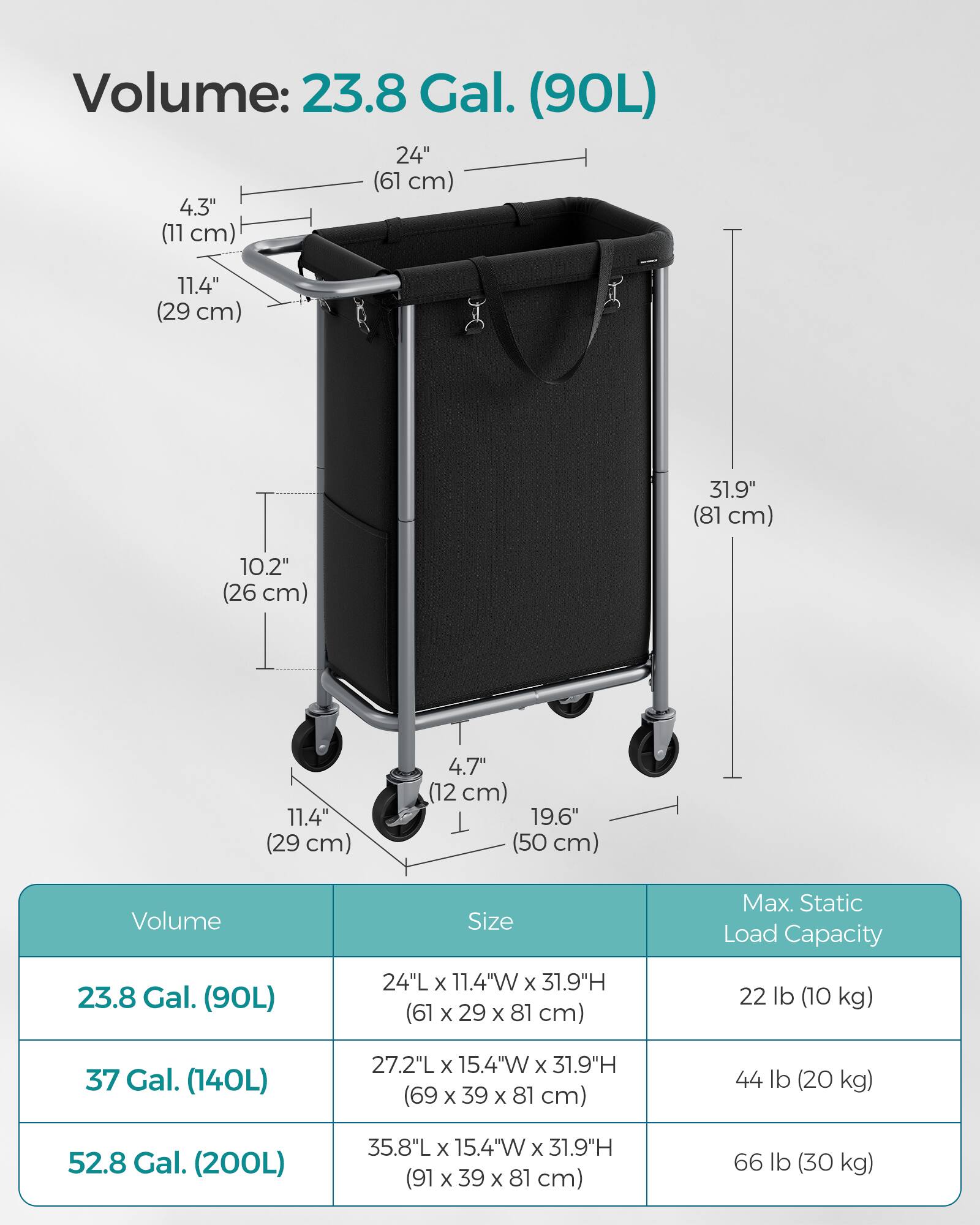 Volume: 23.8 Gal. (90L)

Size: 24"L x 11.4"W x 31.9"H (61 x 29 x 81 cm)

Max. Static Load Capacity: 22 lb (10 kg)

---

Volume: 37 Gal. (140L)

Size: 27.2"L x 15.4"W x 31.9"H (69 x 39 x 81 cm)

Max. Static Load Capacity: 44 lb (20 kg)

---

Volume: 52.8 Gal. (200L)

Size: 35.8"L x 15.4"W x 31.9"H (91 x 39 x 81 cm)

Max. Static Load Capacity: 66 lb (30 kg)