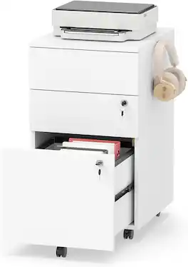 Costway - Mobile File Cabinet with 3 Drawers, Wooden Rolling Filing Cabinet with Lock - White