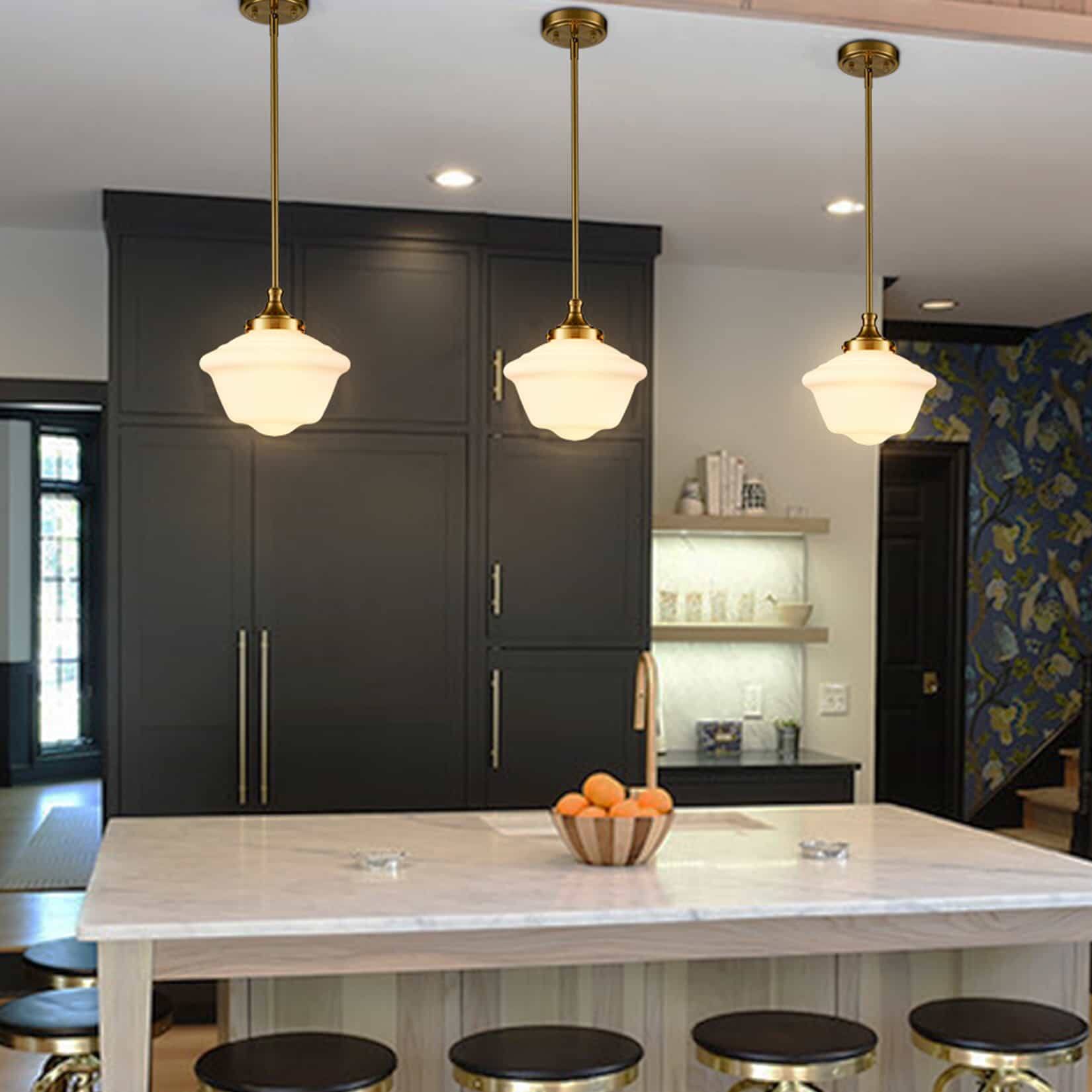 Angle. MOOSE - Schoolhouse Glass Pendant Light Fixture for Kitchen Island - Gold.